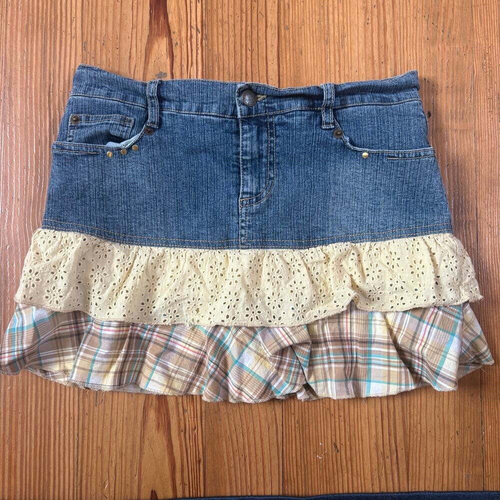 Jolt 90s jean tiered yellow plaid floral‎ fabric shorts lined skort SIZE 16